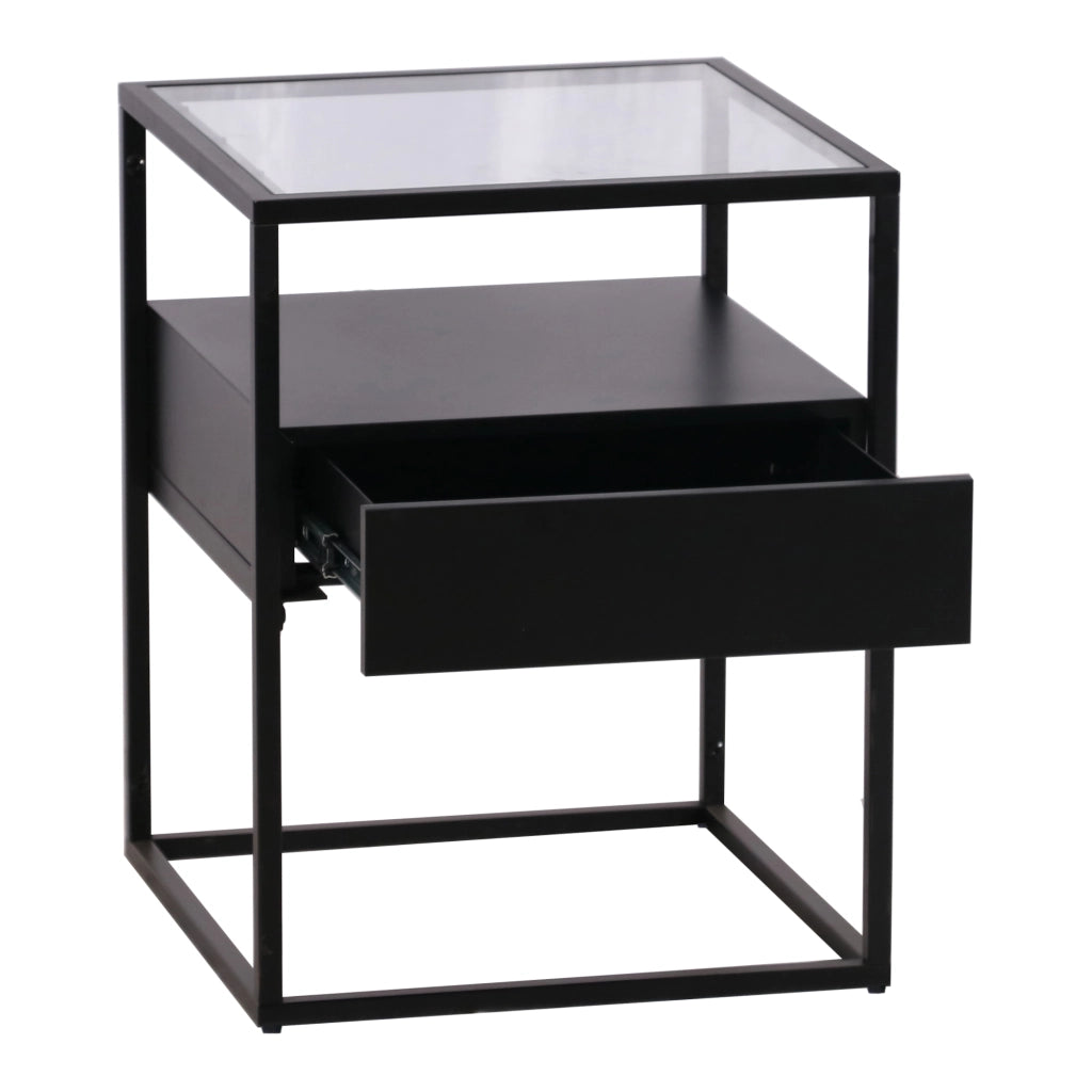Comodino Vissenbjerg in Acciaio con Cassetto e Piano Tavolo in Vetro - Nero Opaco [en.casa]
