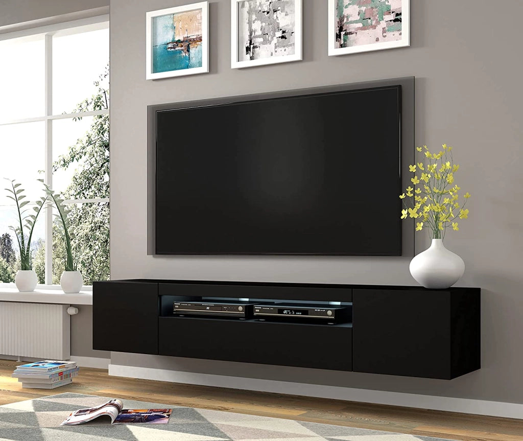 Mobile TV Aura con LED integrato 200x37x42H Cm mobile sospeso o a terra con piedi colore Nero Opaco