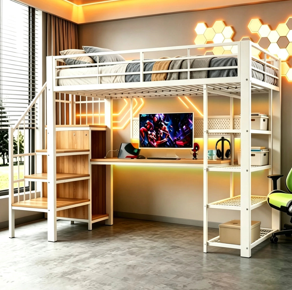 Letto a soppalco 90x200 cm con scrivania, LED e prese