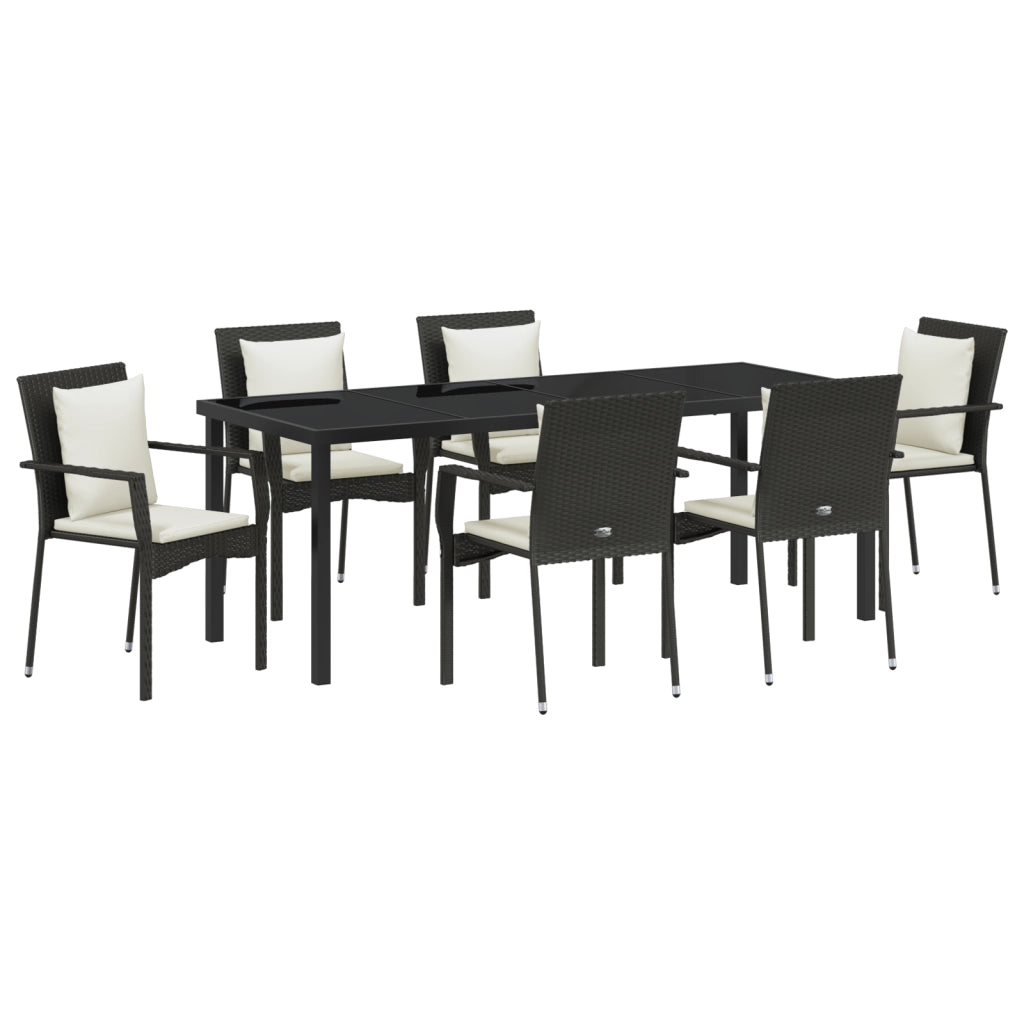 Set da Pranzo da Giardino 7 Pezzi con Cuscini Nero Polyrattan