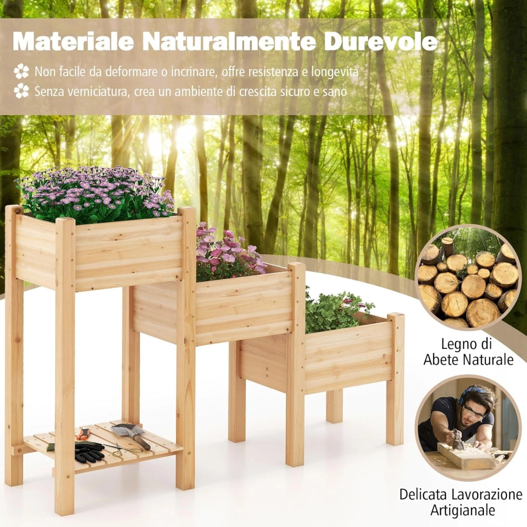 Aiuola da Giardino Rialzata a 3 Livelli in Legno con Ripiano, 3 Fioriere Rialzate, Fori di Drenaggio, Fioriera da Giardino per Frutta, Verdura, Fiore, Erba, 161 cm x 43 cm x 104 cm