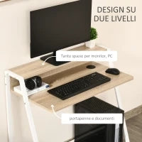 Scrivania Moderna per Camera e Ufficio a 2 Livelli, Arredamento in Legno e Metallo, 84x45x85cm, Bianco e Rovere