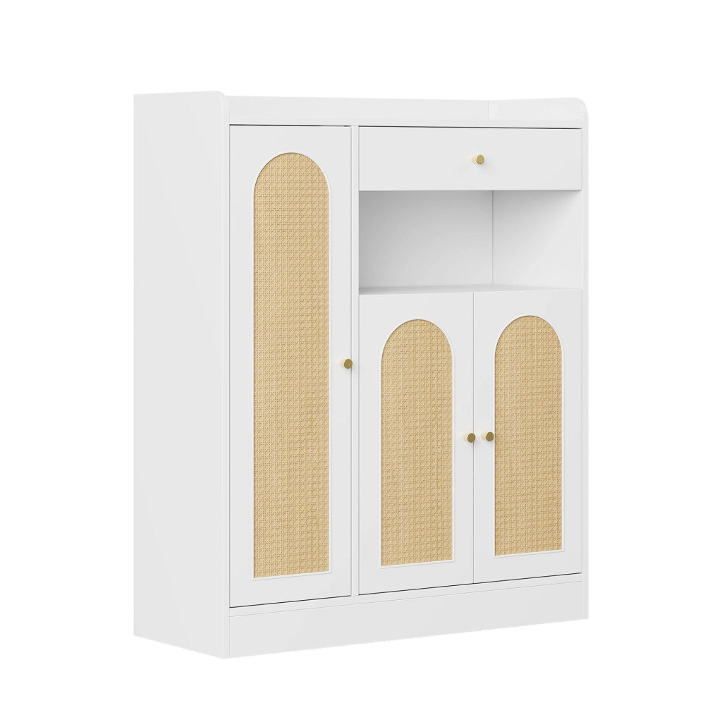 Scarpiera con 3 ante; 1 cassetto e ripiani regolabili - per ingresso - in MDF - 90×35×110 cm - bianco e naturale