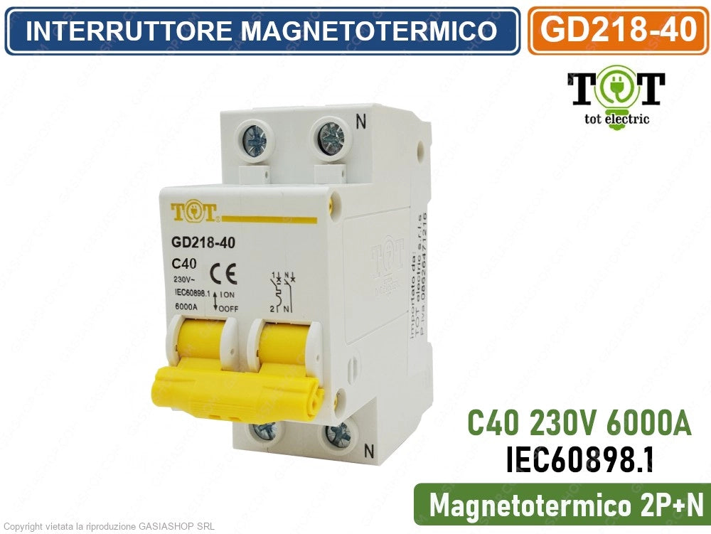 INTERRUTTORE MEGNETOTERMICO PER BARRA DIN 2 MODULI 2P+N 230V CURVA C 6KA 40A
