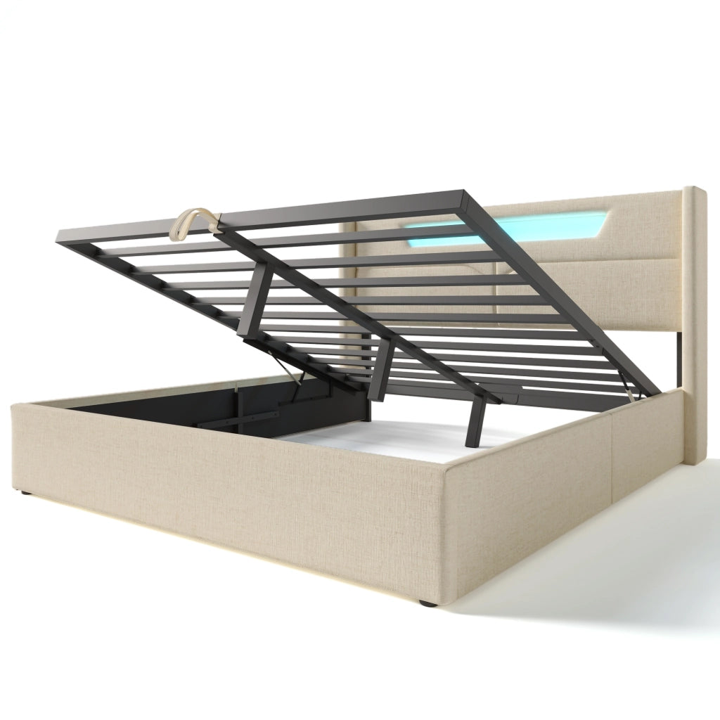 OKWISH Letto Contenitore Letto Matrimoniale, USB, Tipo C e LED, 160 x 200 cm, con Materasso, Lino, Beige