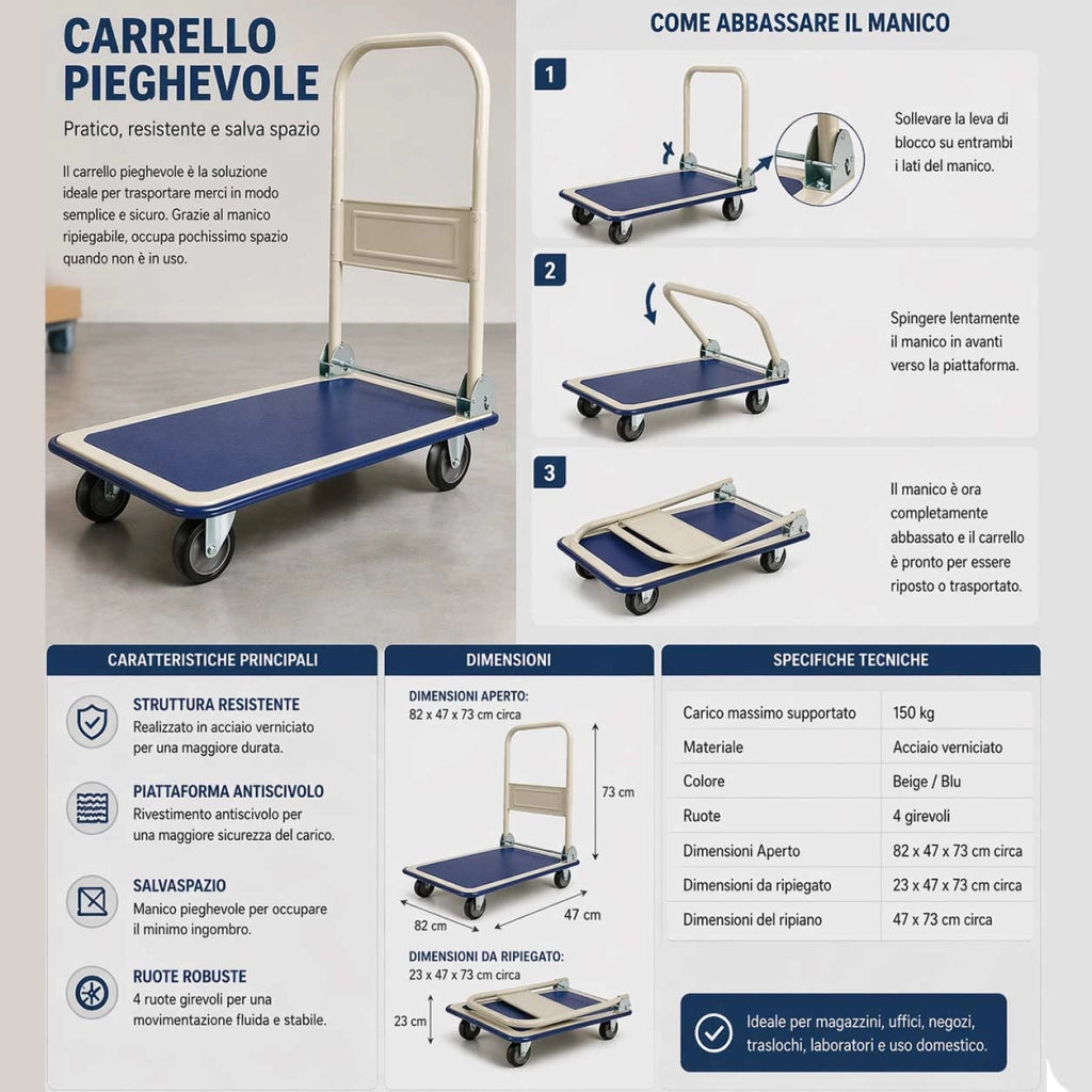 Carrello Portapacchi Portattutto da Trasporto con Manico Pieghevole e Tappetino