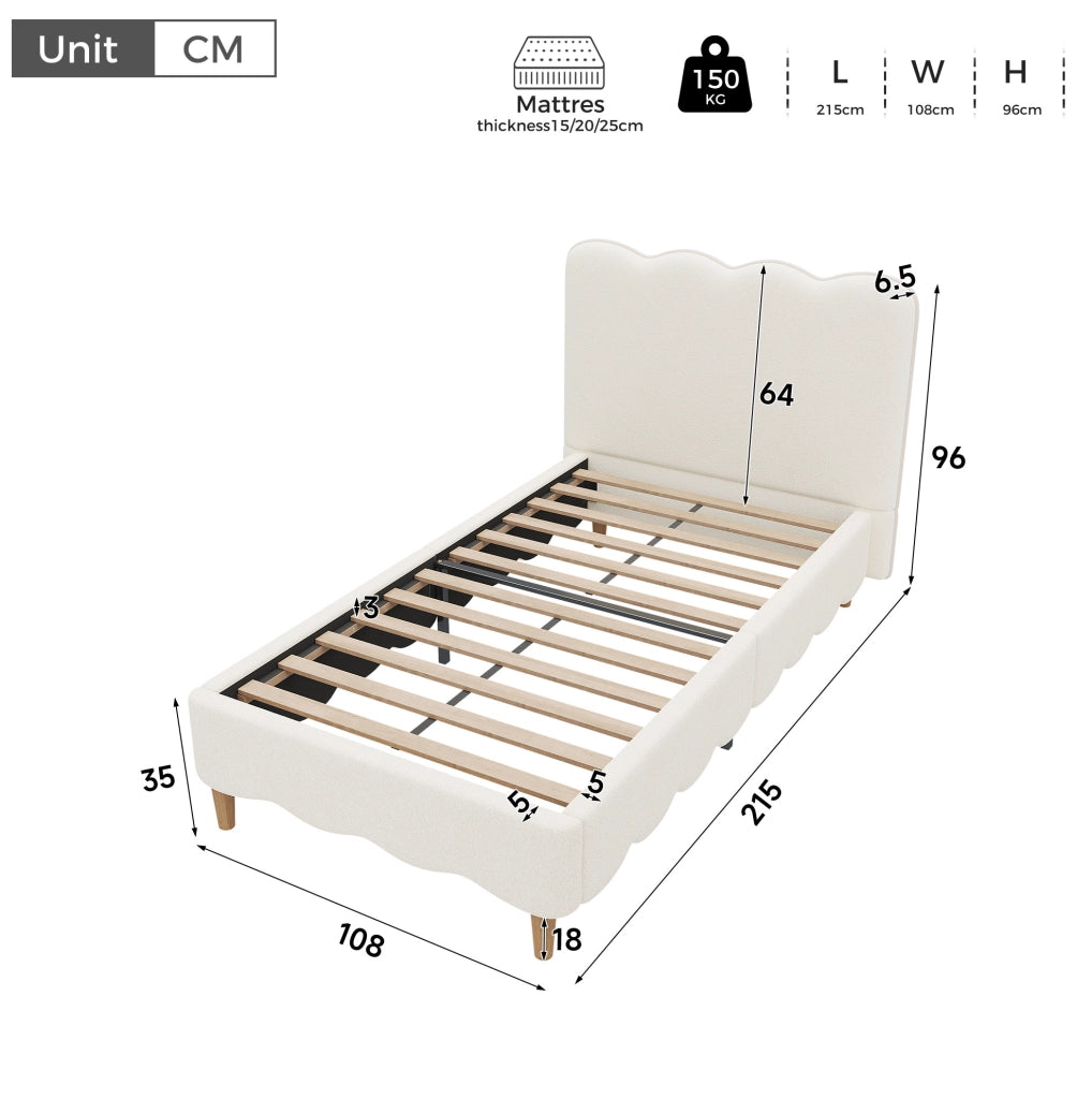 Letto singolo imbottito 90x200 cm con rete a doghe e testiera; bouclé bianco