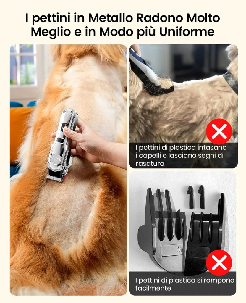 Tosatrice per cani professionale, senza fili/ricaricabile, con pettini in metallo staccabili, a basso rumore, resistenti, per capelli spessi/ricci/fini/ondulati