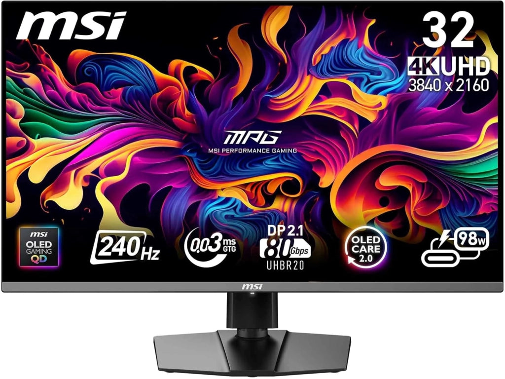 MPG 322URXDE QD-OLED, 32 pollici, 4K UHD, 3840 x 2160, monitor OLED, 240 Hz, 0,03 ms, DisplayHDR True Black 400, compatibile con G-SYNC, HDMI 2.1, DP 2.1a, USB C (98 W PD), regolabile in altezza