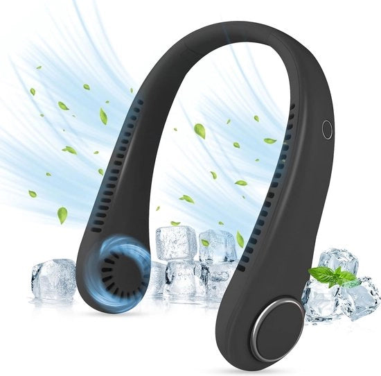 Ventilatore da collo portatile senza attrito manuale mini-ventilatore a flusso d'aria 360° caricabile via USB - per sport indoor e outdoor (nero)