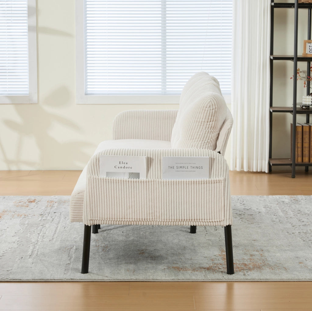 Divano 3 posti in tessuto corduroy beige con tasche laterali; 171 x 72 x 80 cm