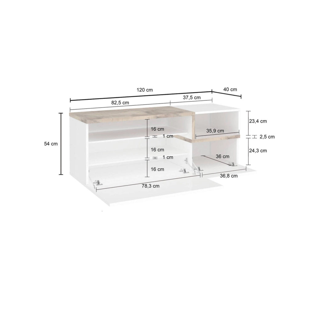 Mobile da Aska, Made in Italy, Scarpiera con ripiano, Panca a 2 ante, cm 120x40h54, Bianco lucido e Acero