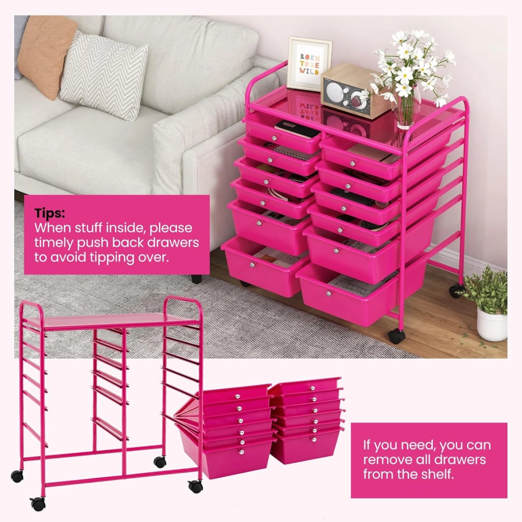 Carrello con 12 cassetti, impilabile, carrello per cassetti, carrello da cucina, con ruote bloccabili, carrello per cucina, bagno, ufficio, 64 x 38 x 75 cm (rosa)