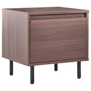 Comodino in truciolato marrone scuro con 1 cassetto e gambe in metallo nero un elemento d'arredo minimalista e contemporaneo