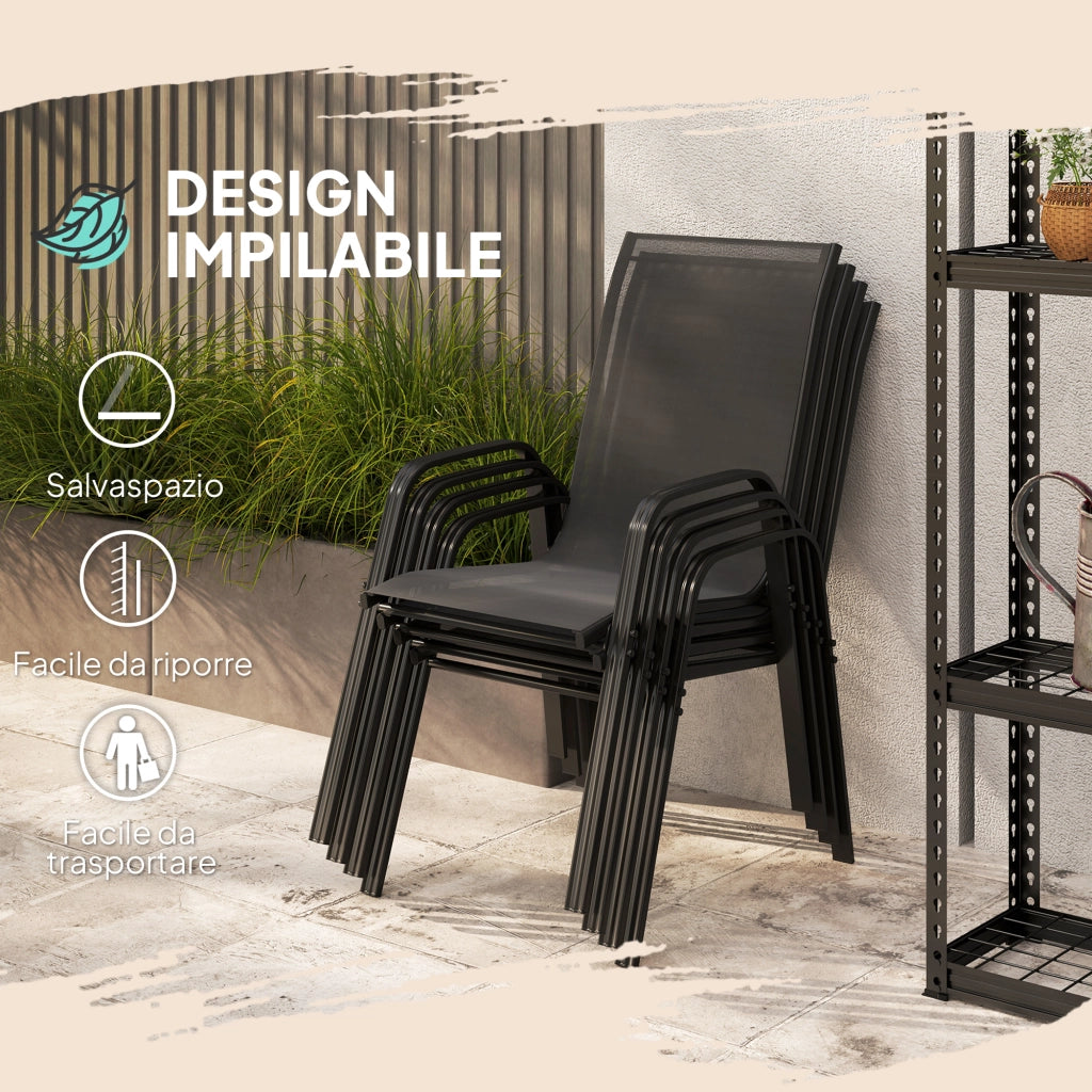 Set 4 Sedie da Giardino Impilabili e Salvaspazio con Braccioli in Metallo e Tessuto a Rete, Nero