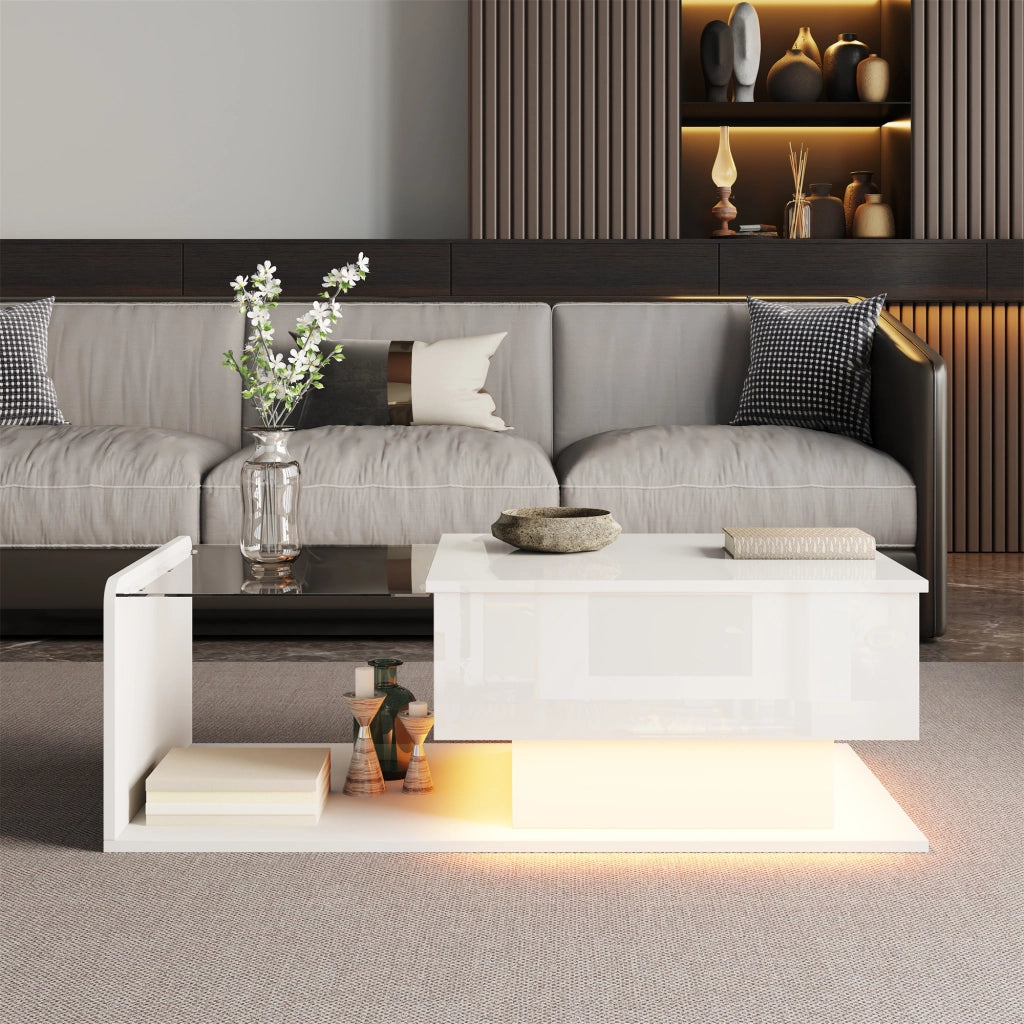 OKWISH Tavolino da Salotto Alzabile con Piano in Vetro Temperato, Vano Aperto e Chiuso, LED, per Soggiorno, 100 x 50 x 47.5 cm