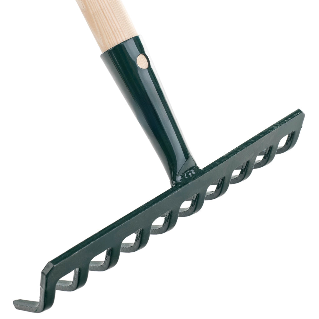 Rastrello per foglie KADAX, per terra ed erba, con manico in legno e 10 denti in metallo, 126 cm.