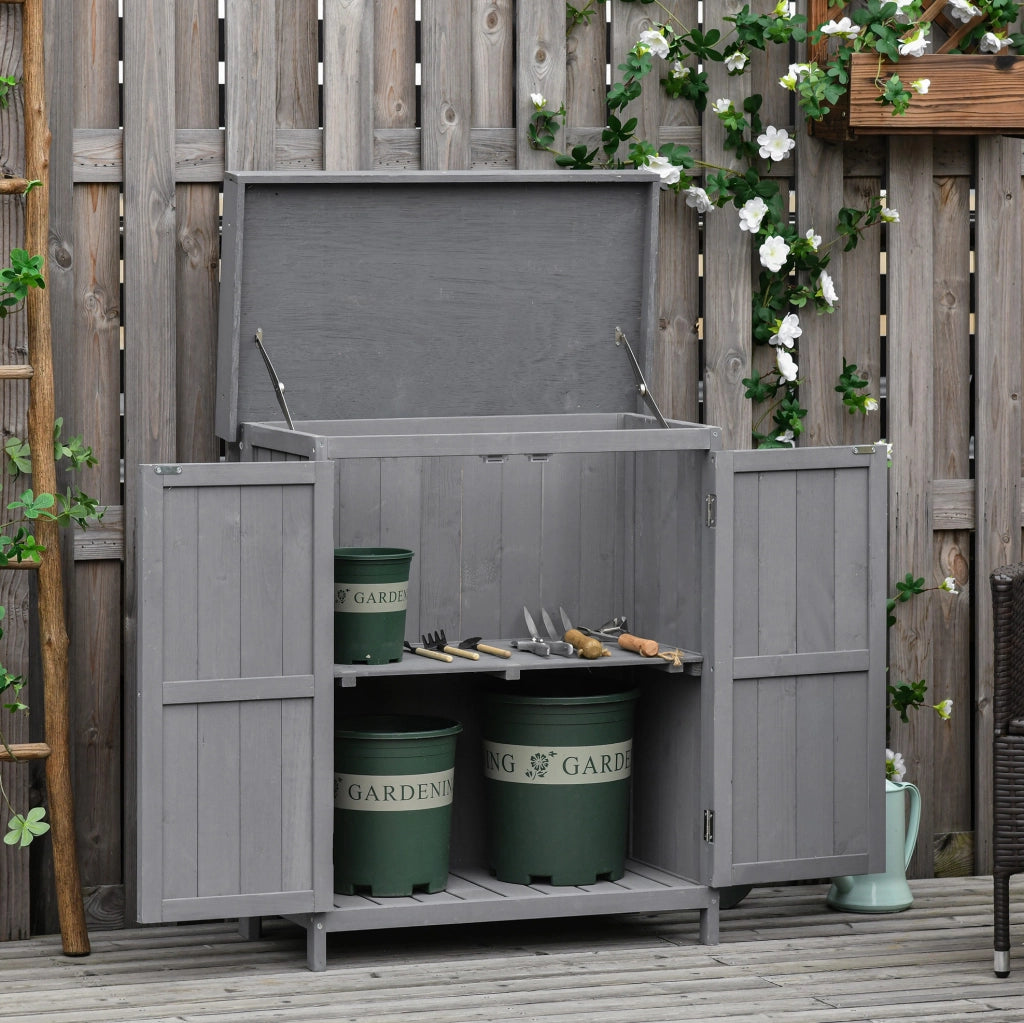 Armadio da giardino in legno con sportello; tetto inclinato e tavolo pieghevole; 78x52;5x182 cm; grigio scuro