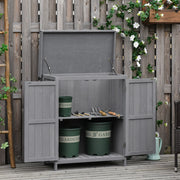 Armadio da giardino in legno con sportello; tetto inclinato e tavolo pieghevole; 78x52;5x182 cm; grigio scuro