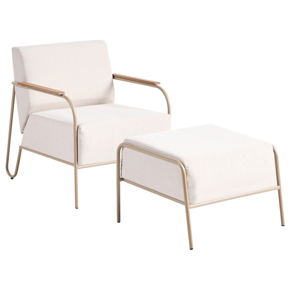 Set di 2 sedie da giardino beige con cuscini imbottiti schienale struttura in metallo e poggiapiedi Design moderno per esterni