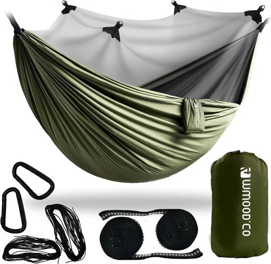 Hangmat per due persone con rete anti-zanzare - ideale per escursioni e survival - leggera e compatta - beige/marrone - sostenibile fino a 450 kg - 280 cm x 185 cm.