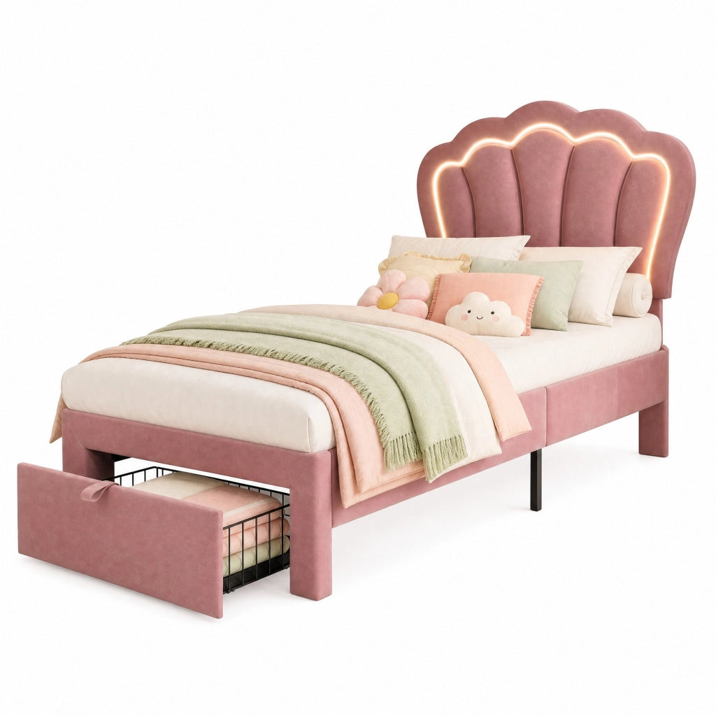 Letto singolo 90x200 cm in velluto rosa con LED RGB, cassetto e testiera regolabile