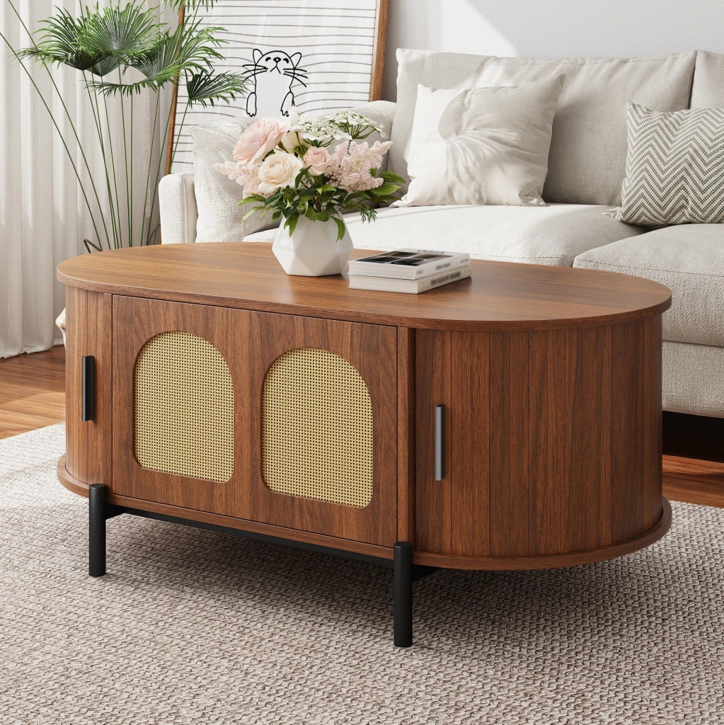 Tavolino da salotto ovale 100 x 50 x 40 cm in MDF color noce con ante in rattan e ripiani