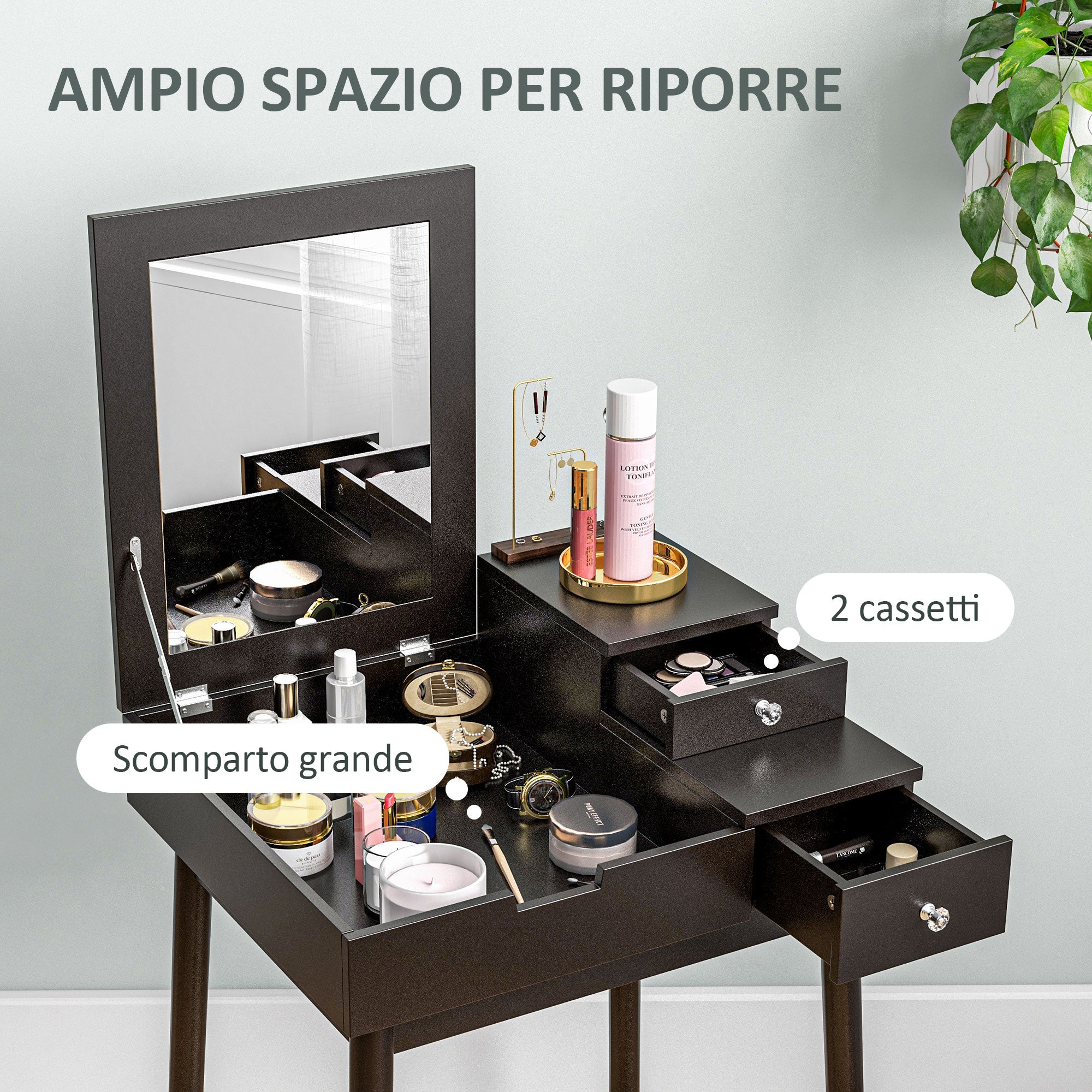 Tavolo da Trucco 2 in 1 60x50x85,5 cm con Specchio Ribaltabile e 2 Cassetti Nero
