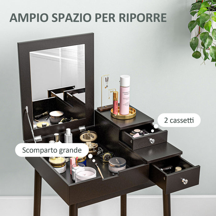 Tavolo da Trucco 2 in 1 60x50x85,5 cm con Specchio Ribaltabile e 2 Cassetti Nero