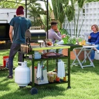 Carrello Barbecue con Tavolino Pieghevole in Acciaio Inox, 2 Ruote e Accessori, 125x65x84 cm, Nero