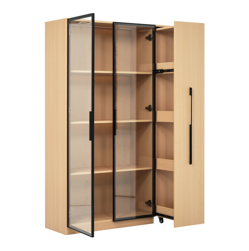 Vetrina con LED e vano estraibile in MDF effetto rovere