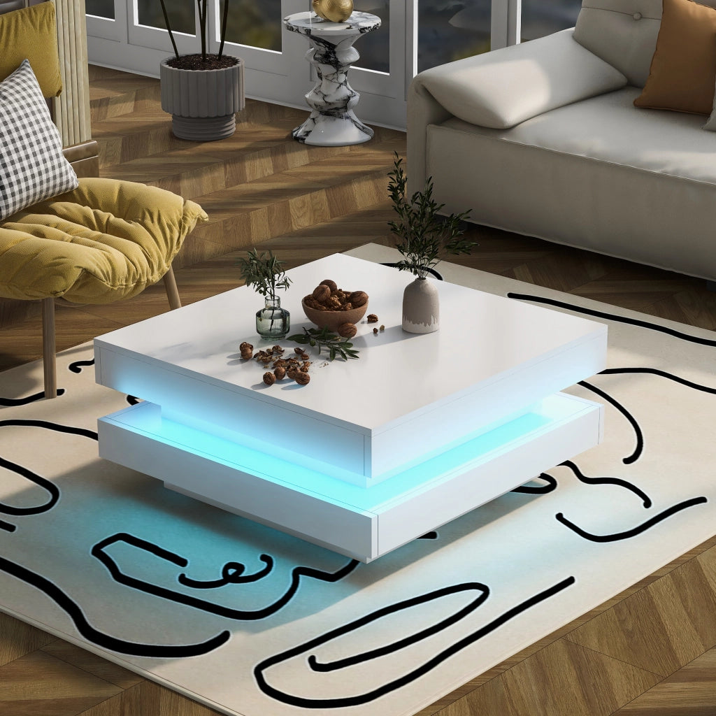 TAVOLO DA SALOTTO Quadrato 70x70x36 cm Bianco con LED Bluetooth APP