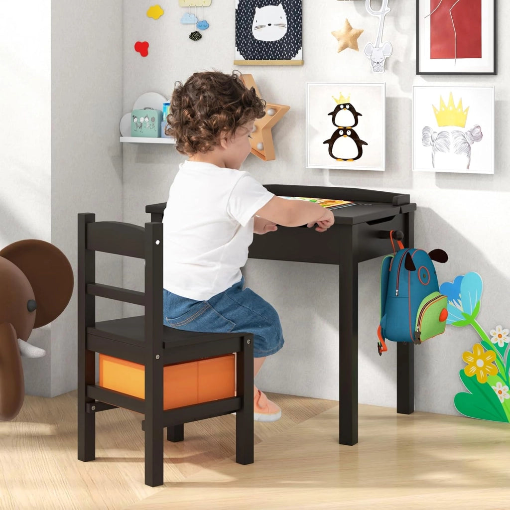 Set Tavolo e Sedia per Bambini, Scrivania Ribaltabile con Sedia per Bambini in Legno, con Cassetto e Gancio Estraibile, Bianco/Naturale (Nero)