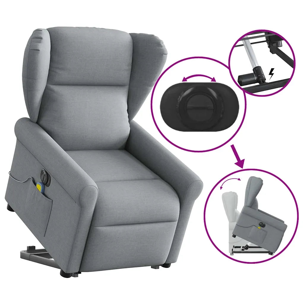 vidaXL Poltrona Alzapersona Massaggi Elettrica Grigio Chiaro Tessuto