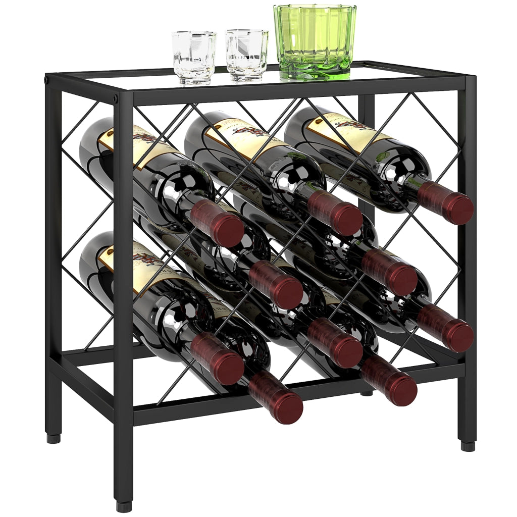 Portabottiglie per Vino 10 Bottiglie ¨C Xylo ¨C Acciaio Nero con Piano in Vetro Temperato 41x22x41 cm