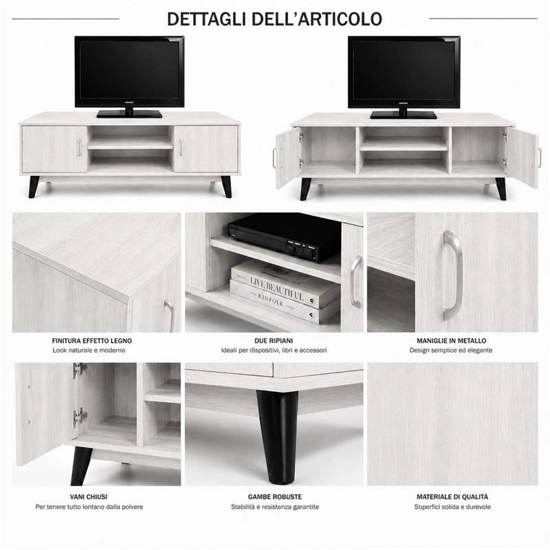 MOBILE TV IN MDF COLOR BIANCO LEGNO CON DUE ANTE E DUE RIPIANI MISURE: 140X38X44CM