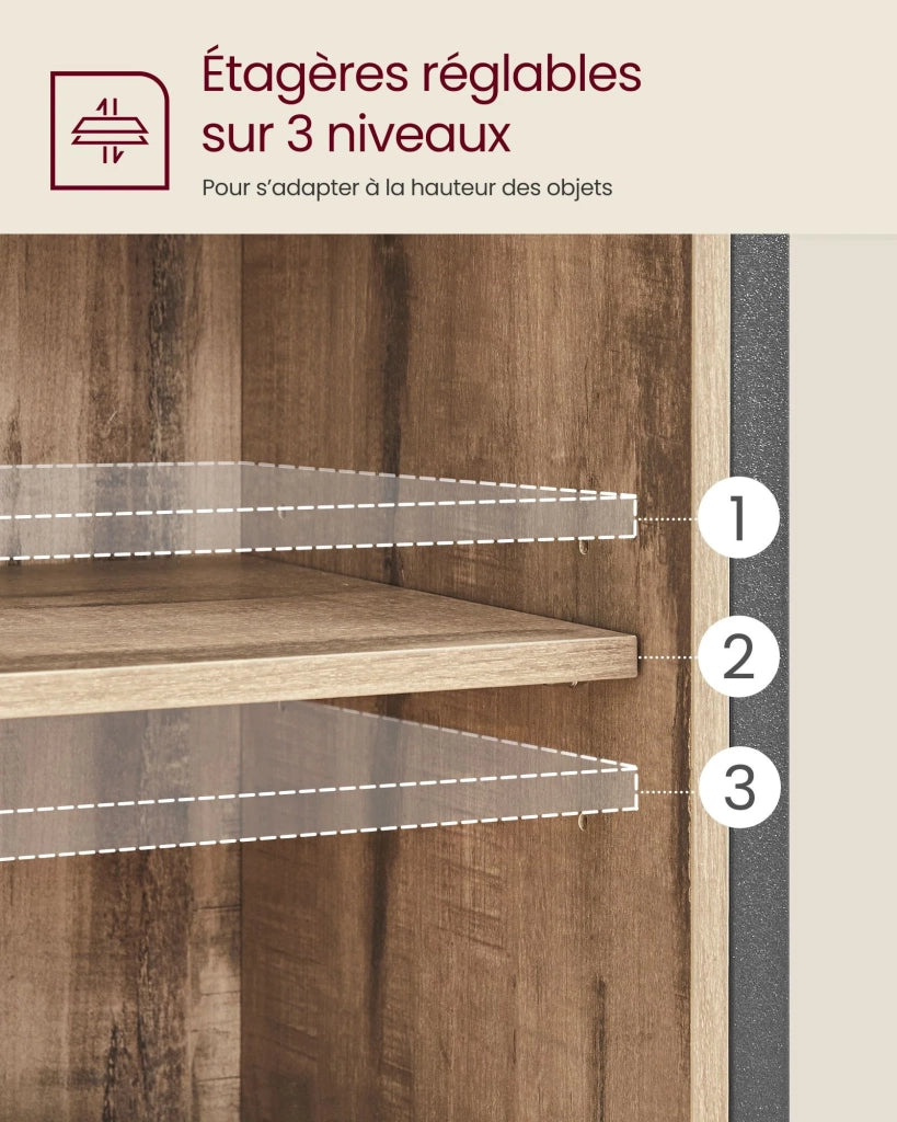 Mobile contenitore con anta scorrevole scomparto aperto ripiano regolabile stile industriale per ingresso soggiorno cucina ufficio marrone rustico e nero 12_0006431