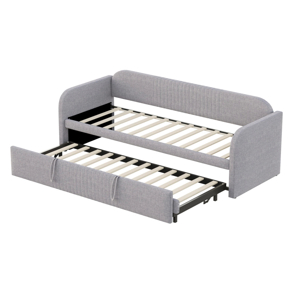 Divano letto 200.5x96x86 cm trasformabile in 2 misure; con rete a doghe; in tessuto di lino grigio chiaro