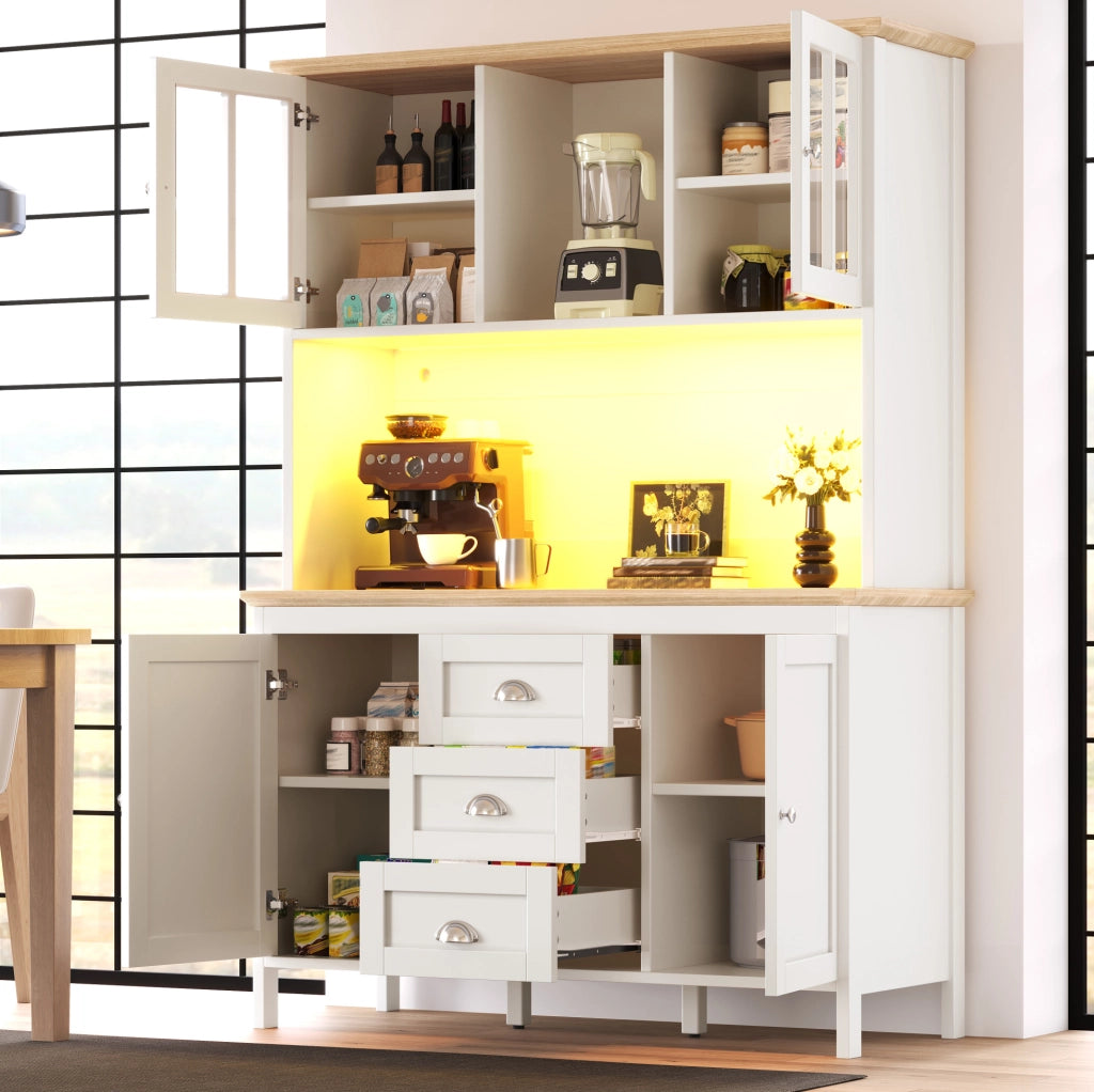 Credenza alta 120x40x179 cm con LED; 4 ante e 3 cassetti in MDF e metallo bianco