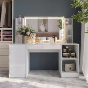 Tavolo da toeletta Sherry, Bianco/bianco lucido, 158.2 cm 4 parti, con illuminazione LED e specchio regolabile in altezza