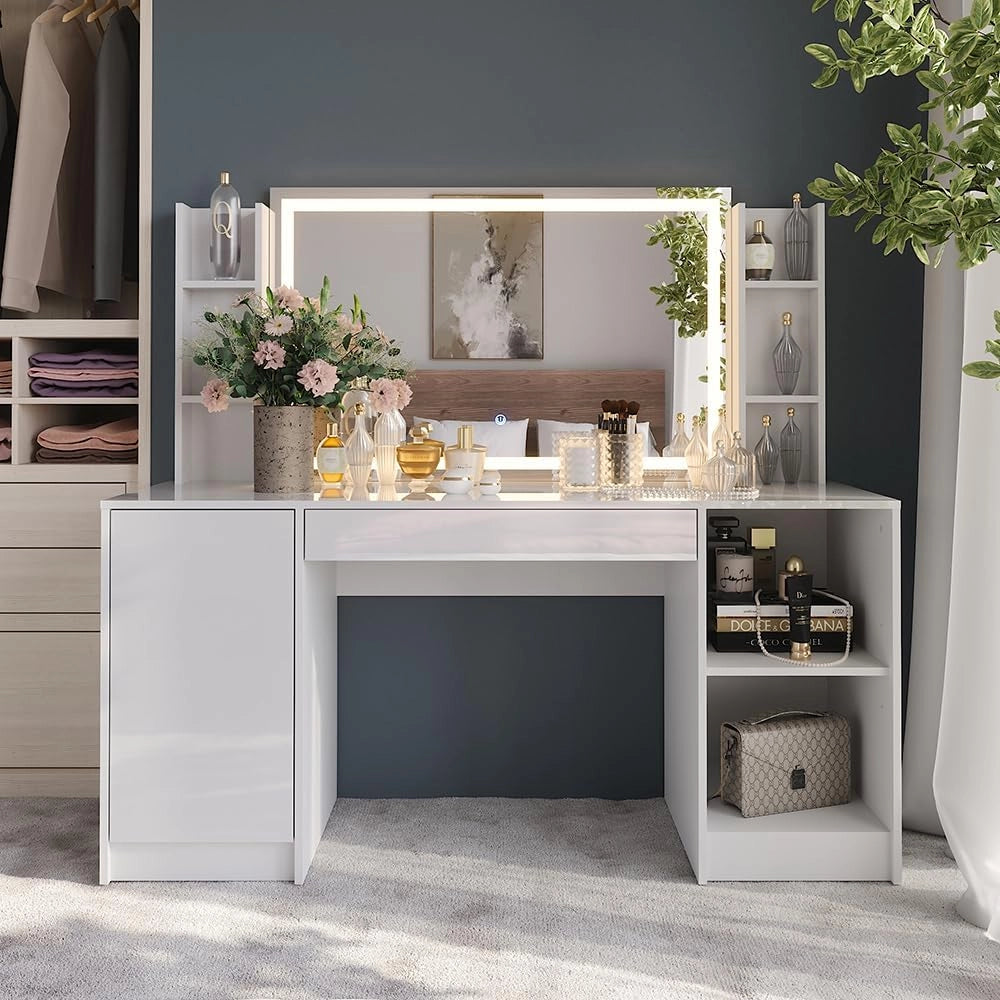 Tavolo da toeletta Sherry, Bianco/bianco lucido, 158.2 cm 4 parti, con illuminazione LED e specchio regolabile in altezza