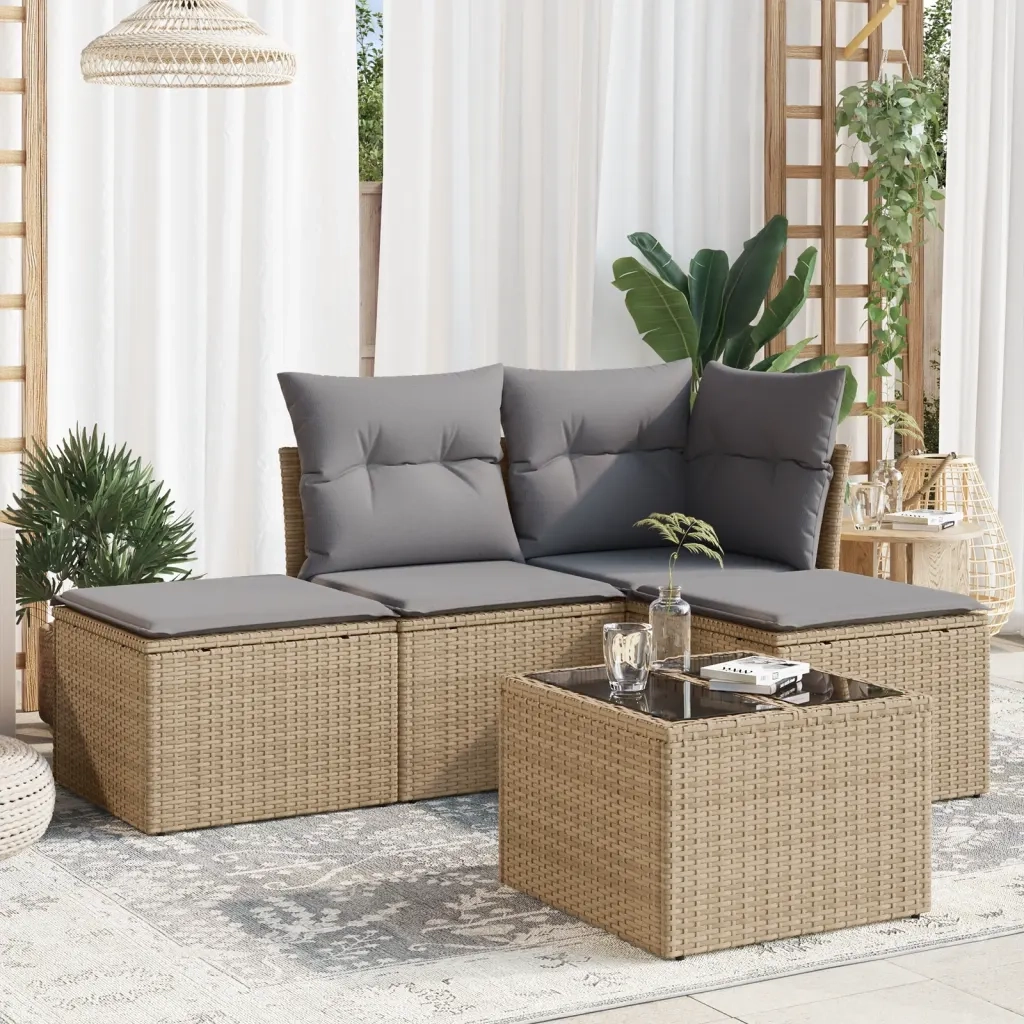 Set Divano da Giardino 5 pz con Cuscini Beige in Polyrattan