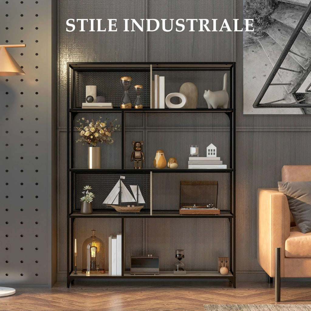EasyComfort Scaffale Libreria Industriale a 5 Livelli con Porta Metallica, in Legno e Acciaio, 120x30x161 cm, Nero e Grigio