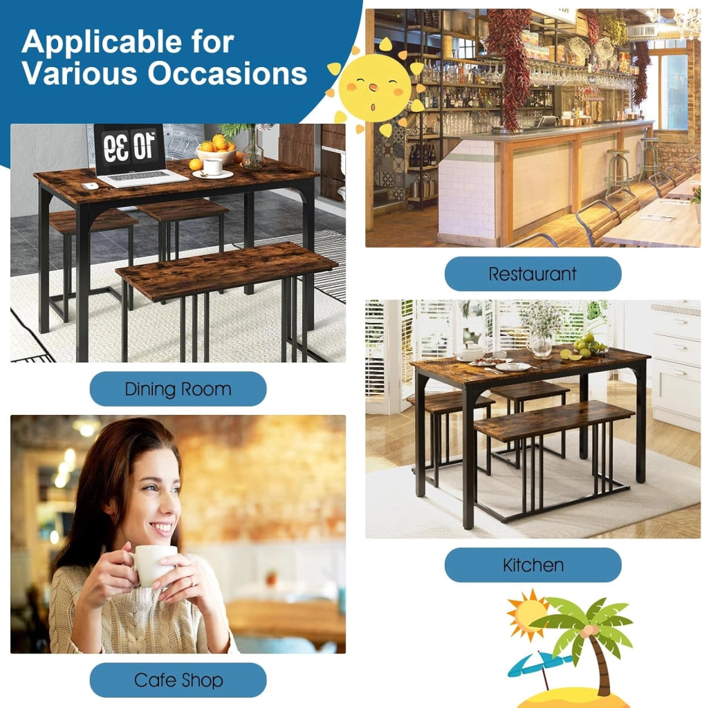 Set tavolo e sedia da pranzo 4 pezzi, tavolo da cucina 4 persone 120 x 60 x 75 con 1 panca e 2 sgabelli, struttura in metallo, per sala da pranzo, soggiorno, caffè (marrone)