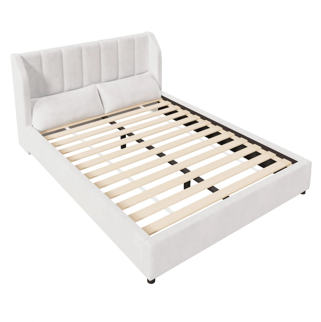 Letto imbottito 140x200 cm beige in flanella con rete a doghe e testiera