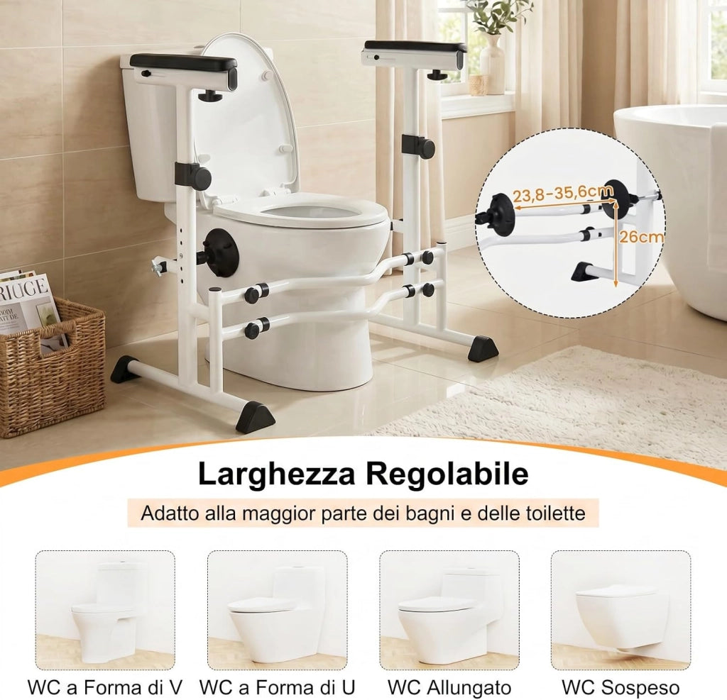 Ringhiera di Sicurezza per WC portata 136 kg, Barra Bagno Altezza e Larghezza Regolabili con Corrimano, Maniglione, Sedile Bagno Antiscivolo per Maggior Parte di WC per Anziani, Donne Incinte