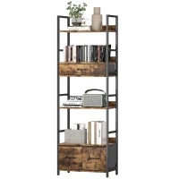 Libreria a 6 livelli con 4 ripiani, 3 cassetti in tessuto, 60x30x176cm, Marrone rustico
