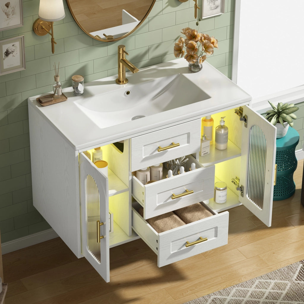 Mobile sottolavabo da bagno con 2 cassetti 2 armadietti LED e lavabo ceramica bianco 76 × 46 × 55 cm