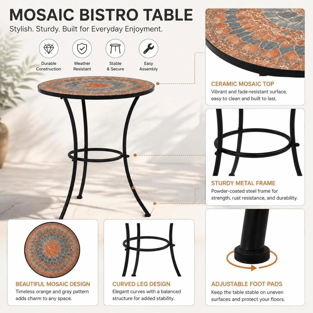 Mosaic Bistro Table, Orange/grey, 60 Cm, Ceramic