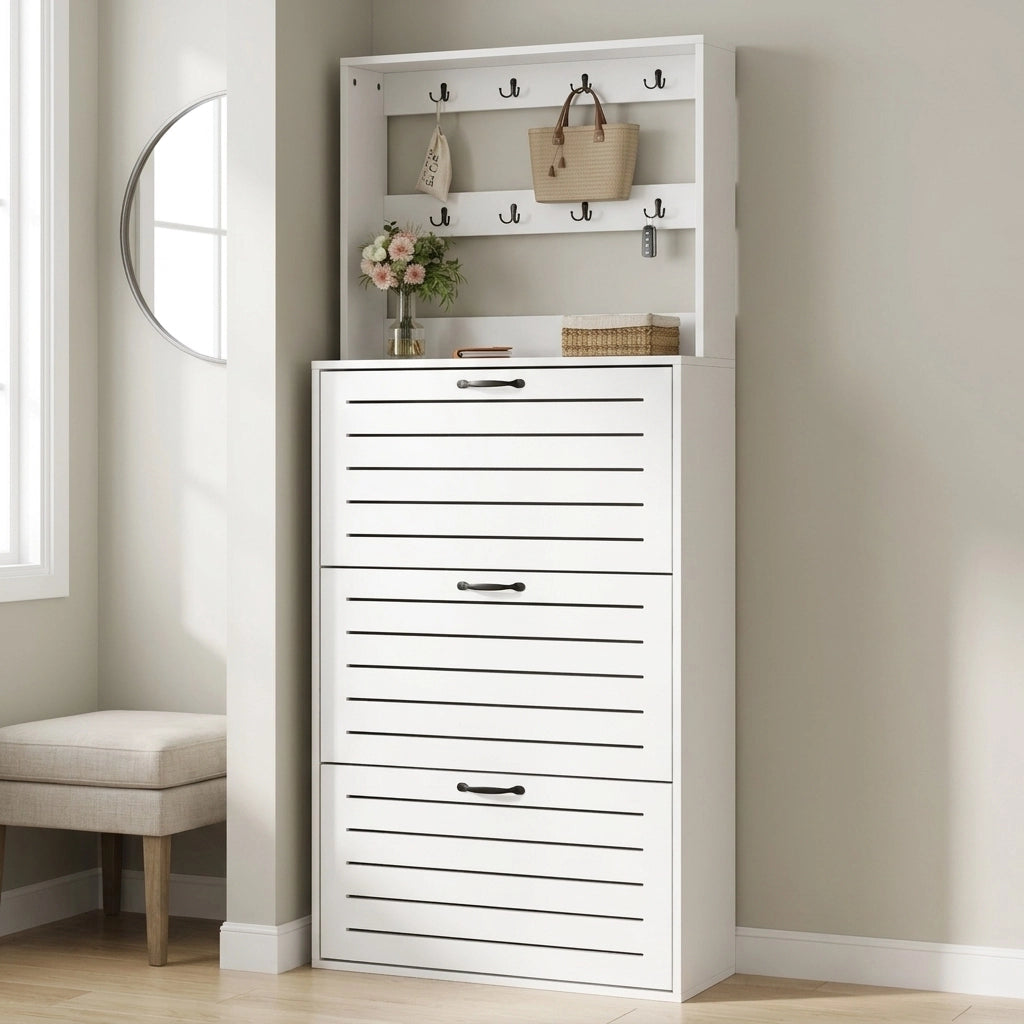 Appendiabiti con scarpiera a 3 ripiani; 8 ganci; 70x25x165 cm; in truciolare bianco